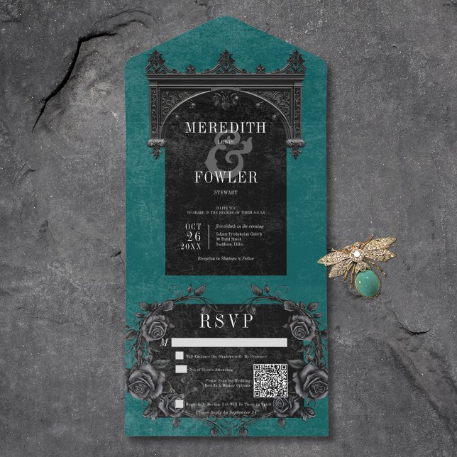 Invitación Todo En Uno Arco negro gótico y Rosas negros Código QR Verde a (Gothic Black Arch & Black Roses Teal QR Code All In One Invitation)