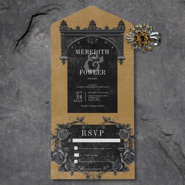 Invitación Todo En Uno Arco negro gótico y Rosas negros oro sin cena (Gothic Black Arch & Black Roses Gold No Dinner All In One Invitation)