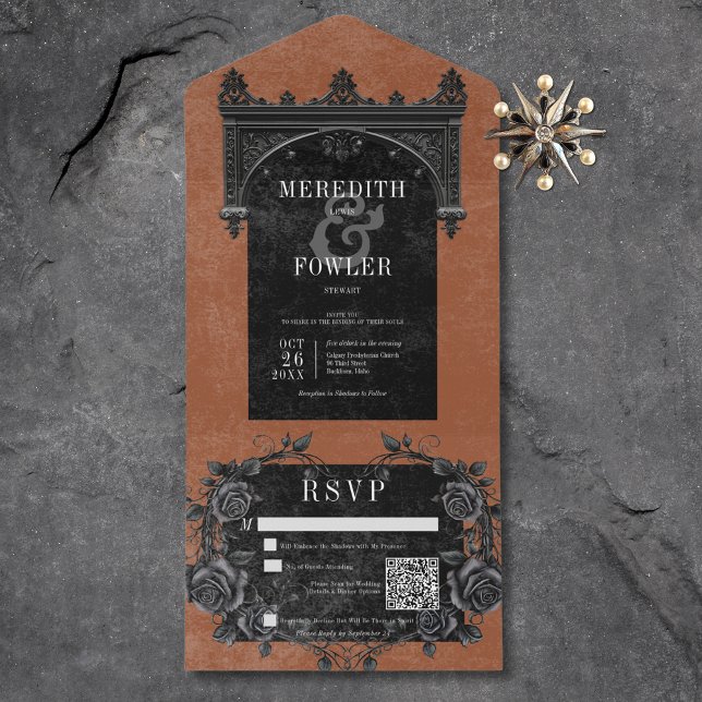 Invitación Todo En Uno Arco negro gótico y Rosas negros rojan código QR (Gothic Black Arch & Black Roses Rust QR Code All In One Invitation)