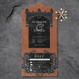 Invitación Todo En Uno Arco negro gótico y Rosas negros rojan tres cenas