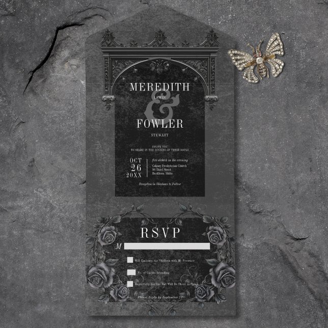 Invitación Todo En Uno Arco negro gótico y Rosas negros sin cena (Gothic Black Arch & Black Roses No Dinner All In One Invitation)