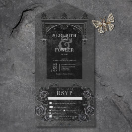 Invitación Todo En Uno Arco negro gótico y Rosas negros tres cenas