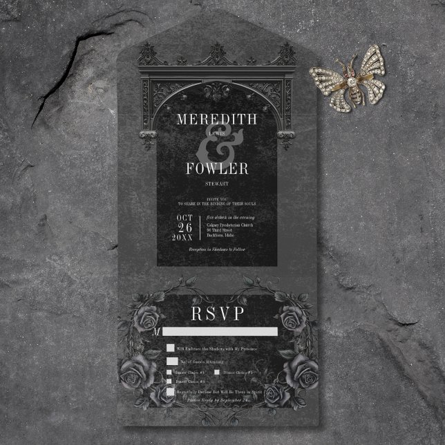 Invitación Todo En Uno Arco negro gótico y Rosas negros tres cenas (Gothic Black Arch & Black Roses No Dinner All In One Invitation)