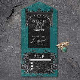 Invitación Todo En Uno Arco negro gótico y Rosas negros Verde azulados si