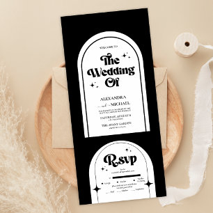 Invitación Todo En Uno Arco retro mínimo Boda blanco y negro