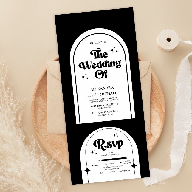 Invitación Todo En Uno Arco retro mínimo Boda blanco y negro (Subido por el creador)