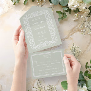 Invitación Todo En Uno Arco Vintage Dibujado a Mano sobre Fondo Verde Sal