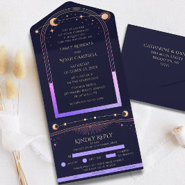 Invitación Todo En Uno Arcoíris Celestial Sol Luna Estrellas Azul Marino 