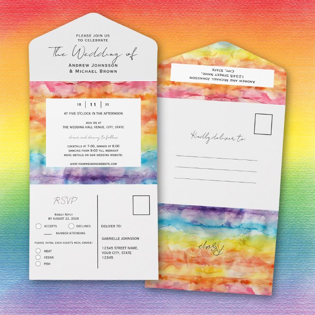 Invitación Todo En Uno Arcoíris Gradiente Acuarela Brillante Boda Gay (Subido por el creador)