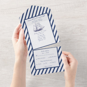 Invitación Todo En Uno Armada náutica y franjas blancas