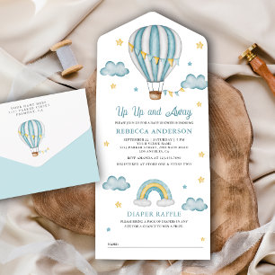Invitación Todo En Uno Arriba Arriba y Lejos Globo Aerostático Azul Baby