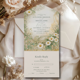 Invitación Todo En Uno Art Nouveau Daisies Ivory Green Boda