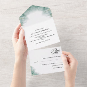 Invitación Todo En Uno Arte abstracto verde minimalista moderno para boda