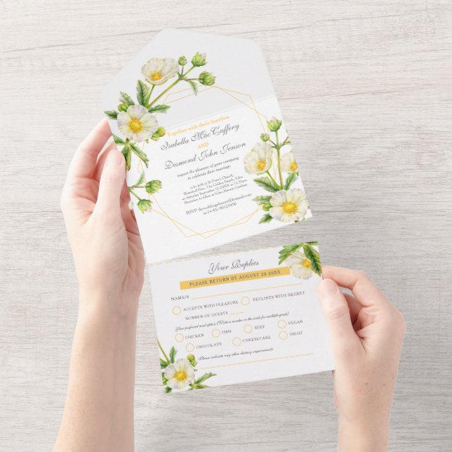 Invitación Todo En Uno Arte de acuarela flor de roca blanca comida RSVP (desgarro)