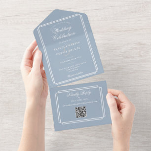 Invitación Todo En Uno Arte Deco Monograma Boda Código QR Azul Polvorient