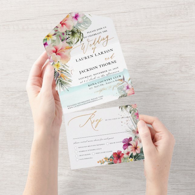 Invitación Todo En Uno ArteApp Elegante Paraíso Tropical Faux Gold Accent (desgarro)