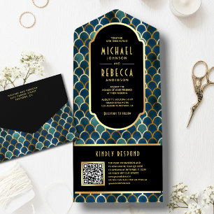 Invitación Todo En Uno Artes Escamas Doradas Azules Retro Código QR Boda