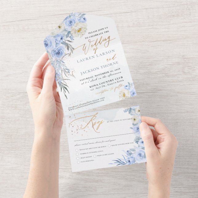 Invitación Todo En Uno ArtesApp elegante Rosas azul turbio polvo de oro (desgarro)