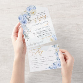 Invitación Todo En Uno ArtesApp elegante Rosas azul turbio polvo de oro