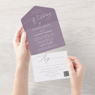 Invitación Todo En Uno ArtsApp Caligrafía moderna en boda de color morado