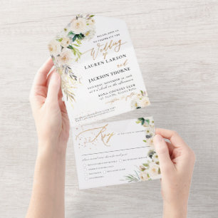 Invitación Todo En Uno ArtsApp Elegant Alabaster Cream Rosas Dust de Oro
