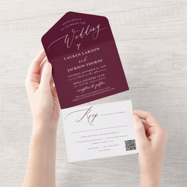 Invitación Todo En Uno ArtsApp Modern Calligraphy Borgoña Boda (desgarro)
