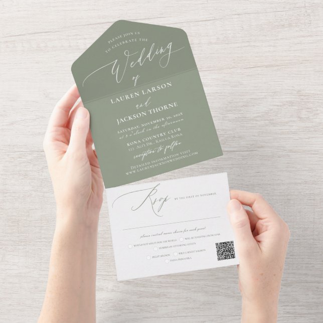 Invitación Todo En Uno ArtsApp Modern Calligraphy Sage Green Boda (desgarro)