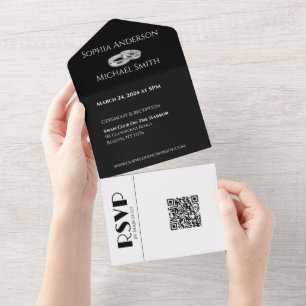 Invitación Todo En Uno Asunto de Blanco y Negro - Anillos de Boda -