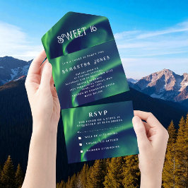Invitación Todo En Uno Aurora Borealis Sweet 16 Bonitos Luces del Norte A