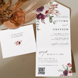 Invitación Todo En Uno Autumance Elegant Floral Boda QR Código