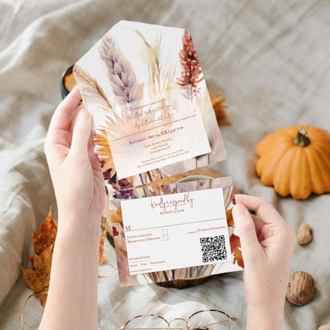 Invitación Todo En Uno Autumn Boho Floral Boda | Blanco (Autumn Boho Floral White Wedding All in One Invitation)