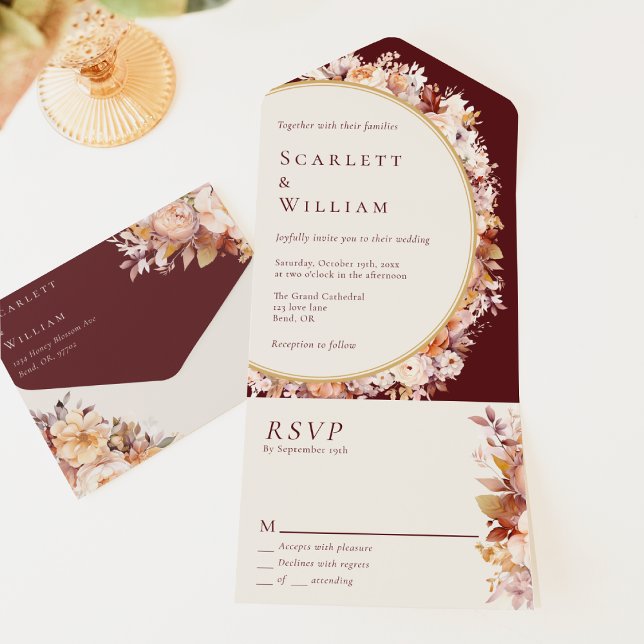 Invitación Todo En Uno Autumt Floral Burgundy Cream Simple RSVP Boda (Subido por el creador)