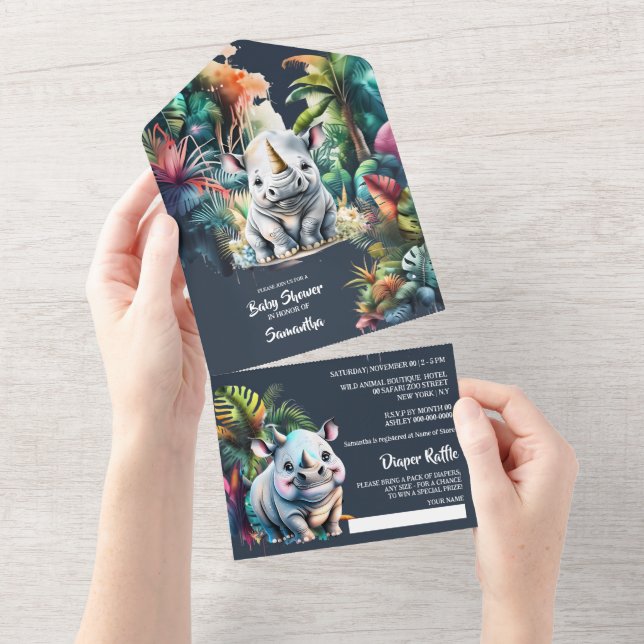 Invitación Todo En Uno Aventura safari rinoceronte jungla hojas zoo (desgarro)