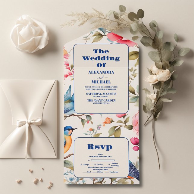 Invitación Todo En Uno Aves acuarelas Peony Chinoiserie Boda Jardín (Subido por el creador)