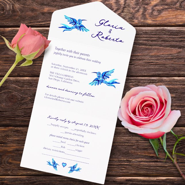 Invitación Todo En Uno Aves azules todas en una boda mexicana invitadas (Subido por el creador)