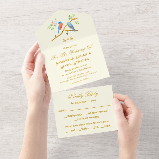 Invitación Todo En Uno Aves azules todos en una boda invitada (desgarro)
