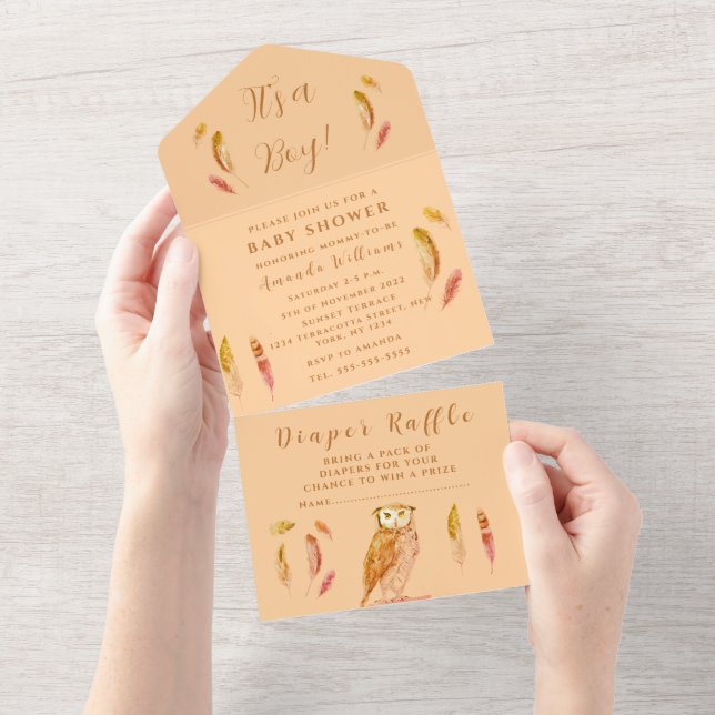 Invitación Todo En Uno Aves de Bebé Cute Fees Agua Bohemia (desgarro)