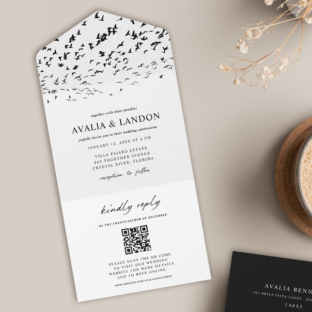 Invitación Todo En Uno Aves elegantes Código QR Boda blanco y negro (Subido por el creador)