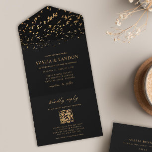 Invitación Todo En Uno Aves elegantes Código QR Boda negro y oro