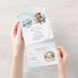 Invitación Todo En Uno Avión Teddy Bear Volando Boy Baby Shower