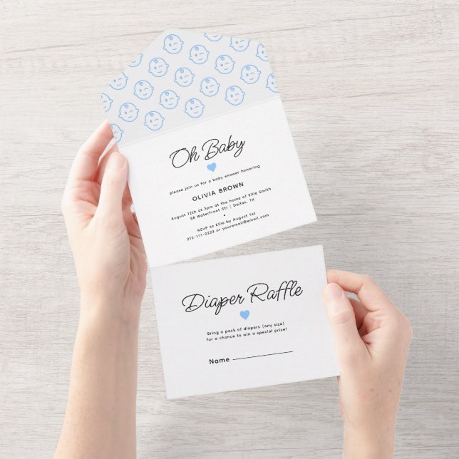 Invitación Todo En Uno Azul blanco moderno Oh niño ducha (desgarro)