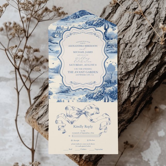 Invitación Todo En Uno Azul Chinoiserie Porcelana Boda Peony Botánico (Subido por el creador)