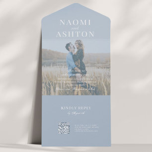 Invitación Todo En Uno Azul francés   Boda de superposición cepillado