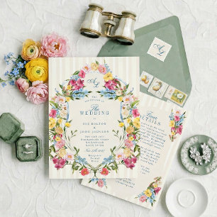 Invitación Todo en uno azul francés floral monograma vintage