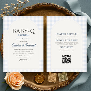 Invitación Todo en uno Azul Gingham BBQ Baby-Q Baby Shower 
