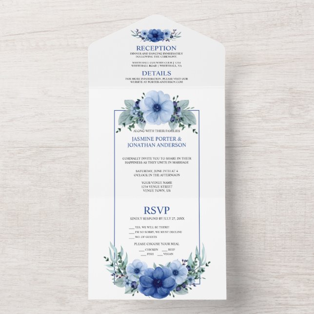Invitación Todo En Uno Azul Marino, Anémona Floral Azul Claro | (Interior)