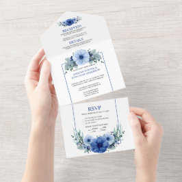 Invitación Todo En Uno Azul marino, azul claro Anemone Floral |