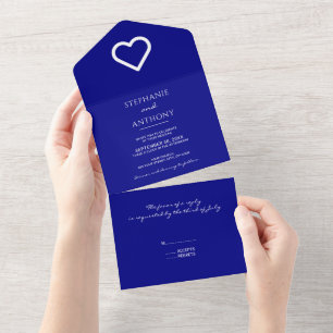 Invitación Todo En Uno Azul marino minimalista con corazón Boda moderno