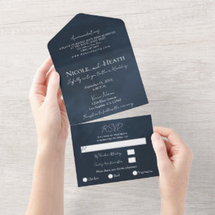 Invitación Todo En Uno Azul Marino Oscuro Malhumorado Acuarela Boda Moder