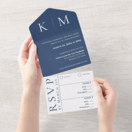 Invitación Todo En Uno Azul oscuro y blanco-moderno-Monograma-Boda-